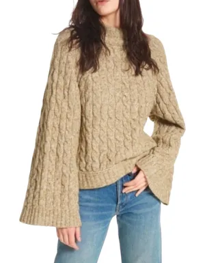 Free People Snow Bird Cable Knit Bell Sleeve Mock Neck Sweater Olive Green Large thumbnail 1