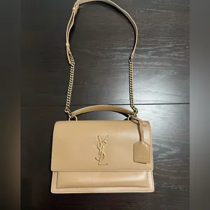 YSL Sunset Top Handle Medium Smooth Leather Shoulder Bag in Dark Beige thumbnail 2