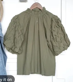 New With Tags THML Puff Sleeve Olive Top Sz S thumbnail 1