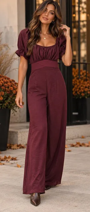 Altar’d State Burgundy Puff Sleeve Wide Leg Jumpsuit Sz S NWOT Fall Boho thumbnail 1