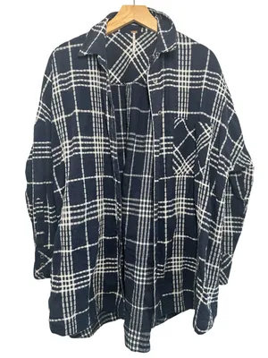 Free People Oversized Navy & White Flannel Plaid Button-Up Shirt thumbnail 2