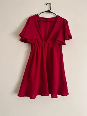 SheIn Red Flutter Sleeve Deep V Neck Fit & Flare Mini Dress L 8/10 thumbnail 2
