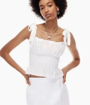 Aritzia Wilfred White Ruffle Smocked Top Blouse thumbnail 4