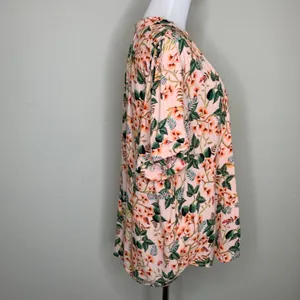 LOFT Peach Floral Blouse Crinkle Fabric Sz XL 100% Viscose thumbnail 4