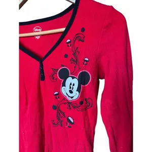 Y2K Mickey Mouse Fairy Grunge Thermal Waffle Knit Henley Red Long Sleeve Top M thumbnail 4