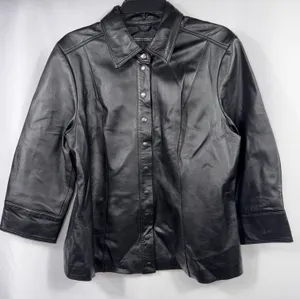 Pamela Dennis L Black Genuine Leather Snap Front Jacket Size L thumbnail 1