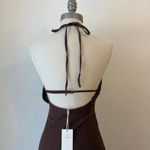 Riot Swim Dani Halter Maxi Dress S Ruched Backless Linen Resort Beach Brown NWT thumbnail 6