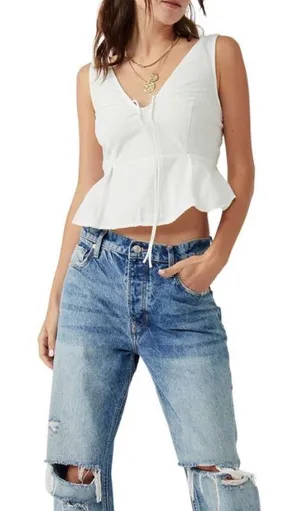 White V-Neck Tie-Front Peplum Tank Top - Women thumbnail 1