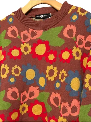 Daisy Street Women’s Size 4 Brown Multi Colored Floral Crewneck Sweater thumbnail 3