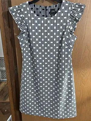 JH Woven White Black Gingham Polka Dot Dress Ruffled Cap Sleeves Women’s Size 12 thumbnail 1