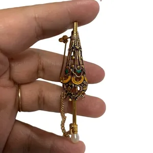 Vintage Umbrella Enamel Parasol Pin Brooch Gold Toned Damascene Pearl Handle thumbnail 3