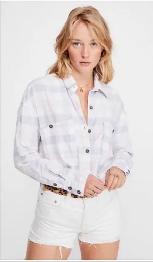 Free People Pink Blue Loveland Plaid Raw Hem Oversized Button Down Shirt XS thumbnail 1