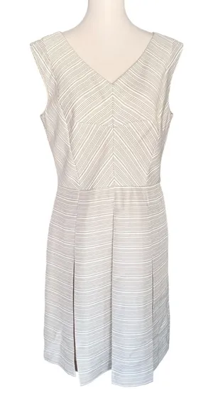 Alex‎ Marie Beige White Striped V-Neck Pleated Sheath Dress Womens Size 12 thumbnail 1