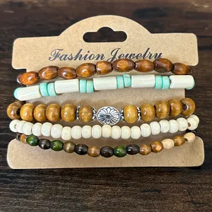 Boho Western Brown, Cream and Mint Layered Beaded Bracelet Set thumbnail 2