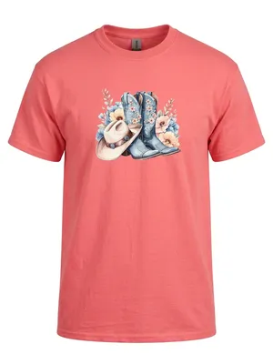 Gildan Women’s Coral Silk Premium Quality “ Cowgirl Boots and Hat” T-shirt Sz XL thumbnail 1