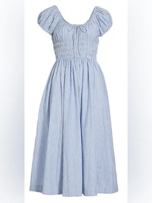 Doen Quinn Tie-Detailed Shirred Striped Organic Cotton-Poplin Midi Dress,Blue,M thumbnail 5