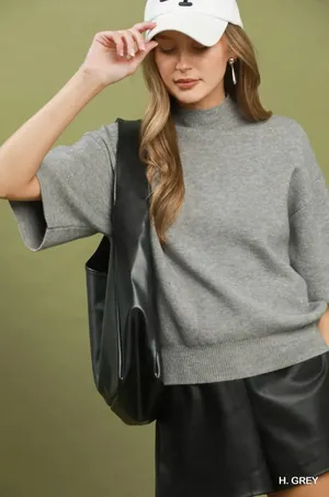 Umgee Mock Neck Short‎ Sleeve Knit Sweater Top - H. Grey - medium thumbnail 1