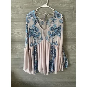 Free People Pink Blue Floral Bell‎ Sleeve Babydoll Mini Dress small thumbnail 3