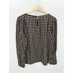 Loft Blue‎ Gold Shimmer Plaid Pleated Blouse Boho Peasant Rayon Women Large thumbnail 2