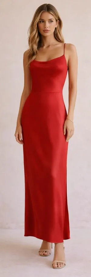 Reformation Red Satin Maxi Dress Slip Dress Cowl Neck Open Back Size 2 thumbnail 1