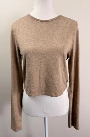 Girlfriend Collective Tan Heathered Long Sleeve Crop Top Athletic Shirt Medium thumbnail 1