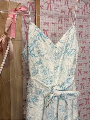 Alice + Olivia Shanti Blue & White Floral Toile Eyelet Wide Leg Jumpsuit XS 0/2 thumbnail 2