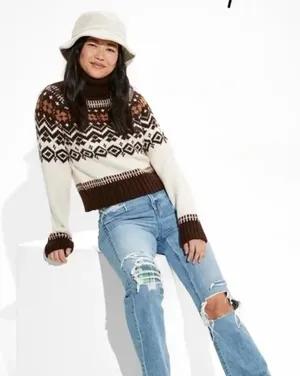 American Eagle Outfitters Fair Isle Turtleneck Cropped Sweater - Small thumbnail 1