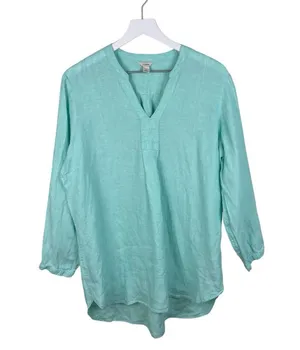 L.L. Bean Premium Washable Linen Long Tunic Top Size Large 100% Linen Fair Aqua thumbnail 1