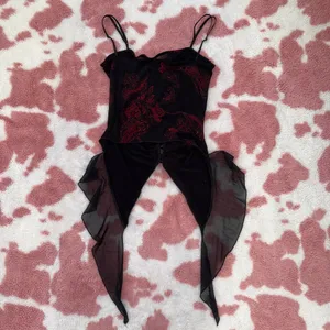 🔥 Y2K Gothic Fairy Corset Top – Black & Red Paisley Lace-Up Camisole w/ Sheer Flowy Panels (Size S) 🖤 thumbnail 5