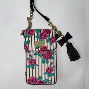 Betsey Johnson Crossbody Purse Wallet Handbag‎ Roses Stripes Snap Y2K Girlie Fem thumbnail 11