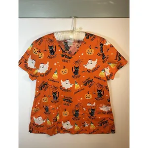 Scrubstar Womens L Halloween Print V-Neck Short Sleeve Scrub Top Cotton Orange thumbnail 15