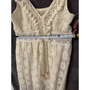 Cream Bohemian Dress Boho Floral Lace Crochet Pom Pom High Low Neutral Resort thumbnail 5