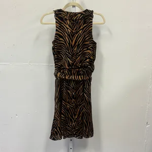 White House Black Market Silk Tiger Print Ruffle Knee Length Dress Brown Blk 00 thumbnail 2