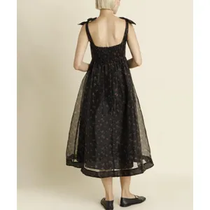 NWT Whimsigoth Floral Organza Midi Dress Black Rose Tie Shoulder‎ Smocked XS thumbnail 3