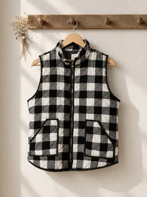 Black & White Buffalo Plaid Quilted Vest - Classic Layering thumbnail 3