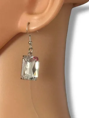 Silver tone rectangular clear faceted stone dangle earrings thumbnail 2