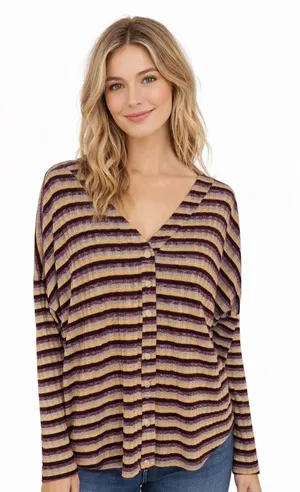BKE Buckle Striped Button Front Top Womens Small Boho Ribbed Long Sleeve Shirt thumbnail 1
