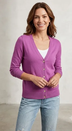 Banana Republic Cardigan Petunia Purple Cotton Silk V-Neck Sweater Size M‎ thumbnail 1