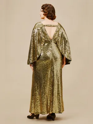 NEW BABEYOND Scoop Neck Sheer Angel Sleeve Maxi Dress Gold Sequin - Size 2X thumbnail 2