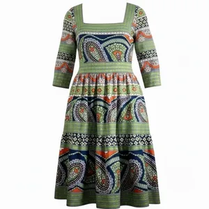 Gretchen Scott Paisley Park Dress XS‎ Square Neck Boho Midi Resort Preppy Artsy thumbnail 2