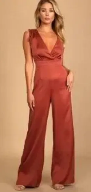 NWT LuLu’s Look off luxe rusty rose satin asymmetrical wide leg jumpsuit S thumbnail 1