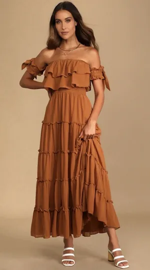 Lulus Chance‎ For Us Light Brown Off-the-Shoulder Ruffled Maxi Dress XL thumbnail 1