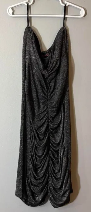 Y2K Body Central Silver Metallic Ruched Bodycon Strapless Mini Dress‎ thumbnail 1