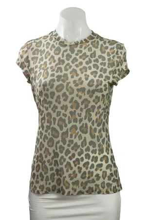 AFRM Women's Beige Leopard Animal Print Short Sleeve Crew Neck T Shirt Tee Top L thumbnail 1