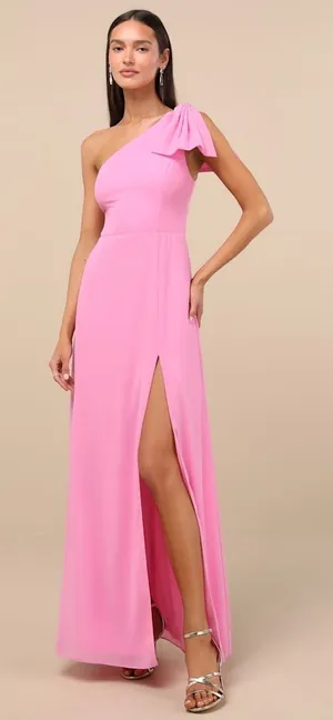 NWOT Lulus Simply Brilliant Pink One-Shoulder Bow Maxi Dress Bridesmaid Size M thumbnail 1