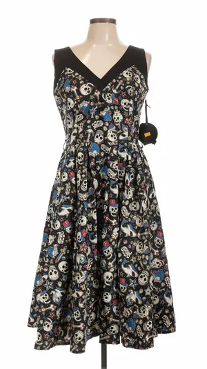 Hell Bunny Black Skull Print V-Neck Fit & Flare Dress thumbnail 1