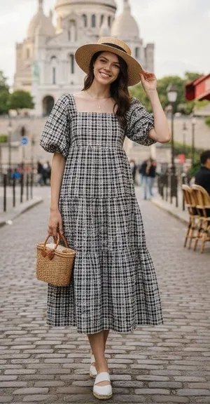 Faithfull the Brand Kiona Checker Print Puff Sleeve Midi Dress Black White M NWT thumbnail 1