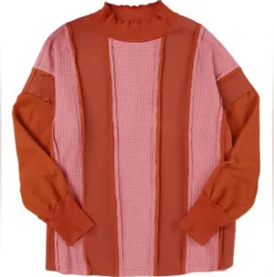 NEW Red and Pink Waffle Knit Exposed Seam Patchwork Top Size M thumbnail 1