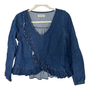 Madewell Womens Size-S Blue Denim Ruffle Detail Cotton Blouse Top Cropped thumbnail 1