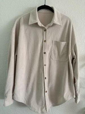Small Beige Casual Button Down Long Sleeve with Oversized Fit Corduroy Style Tan thumbnail 1